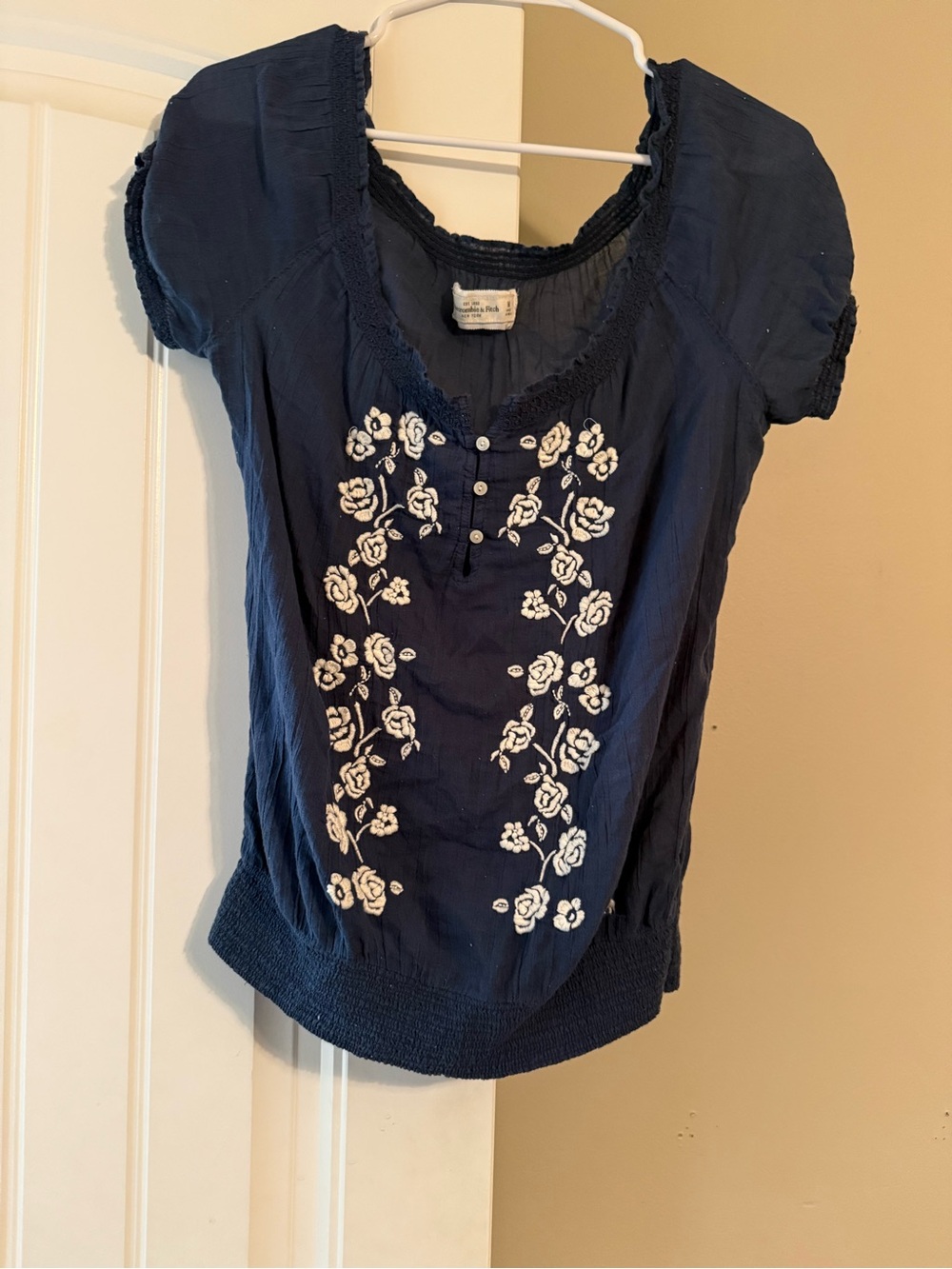 Abercrombie & Fitch Navy Blue Embroidered Floral Peasant Top